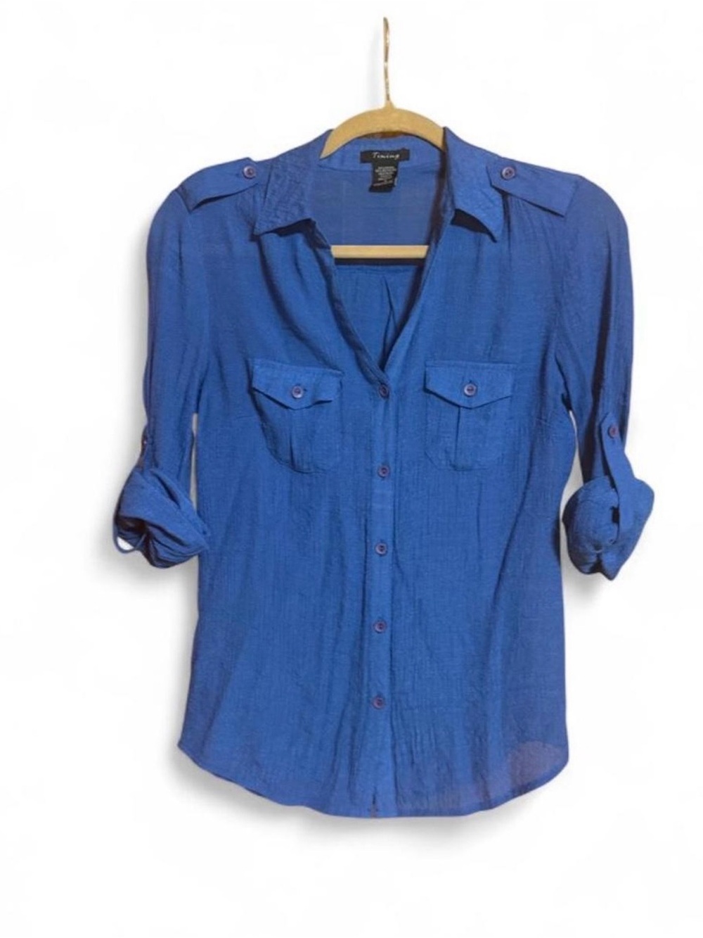 Timing Button Up Blouse w/Shoulder Buttons, Roll Sleeves, & 2 Front Pockets Sz S